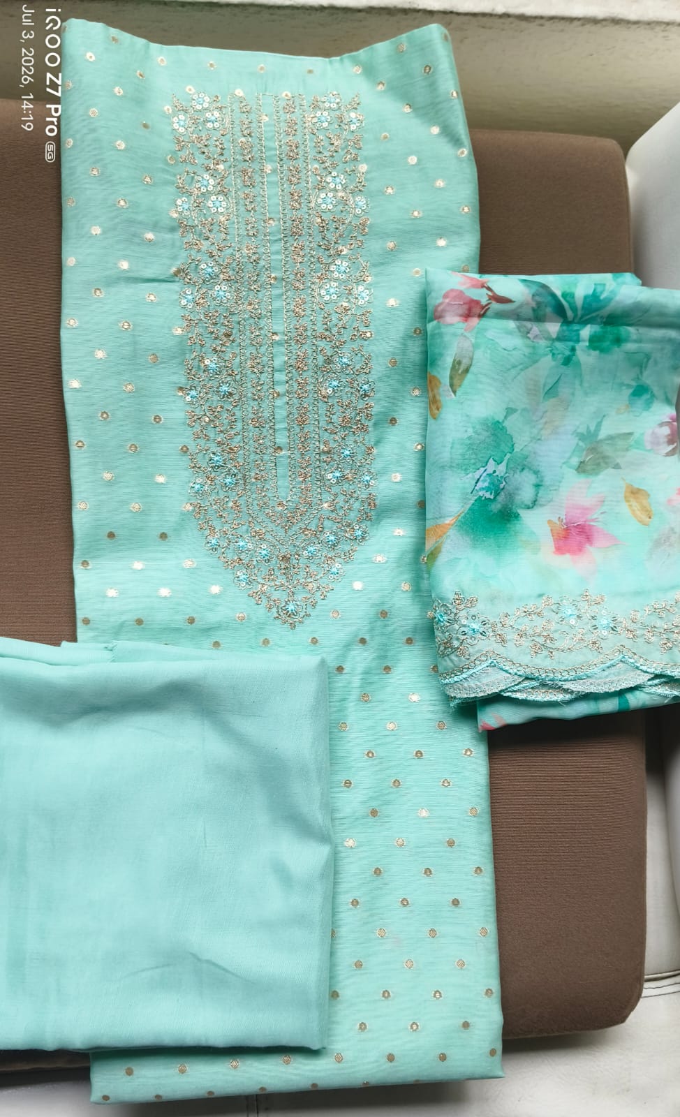 Jari work designer silk dress material with jari butta and printed dupatta