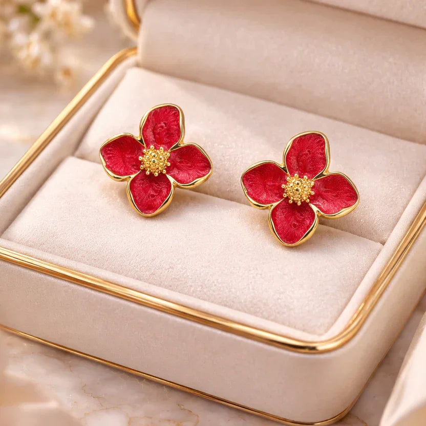 Designer Korean Style Floral Stud Earrings Red