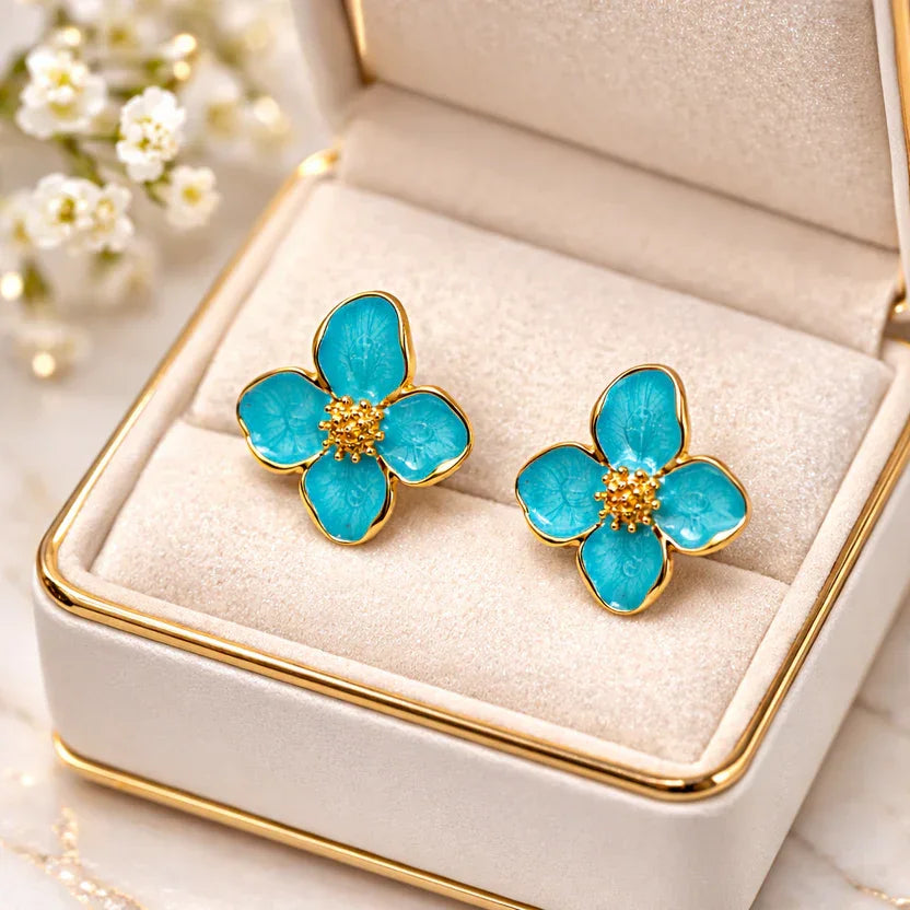 Designer Korean Style Floral Stud Earrings Blue
