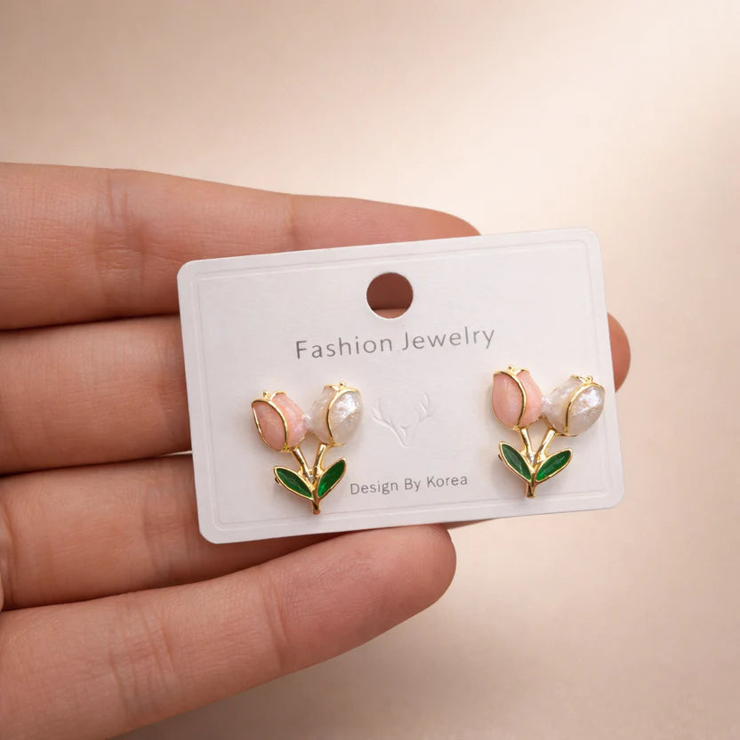 The Shringar Blush Tulip Earrings | Korean Style | Floral Pearl Design | Lightweight | Elegant 🌷✨