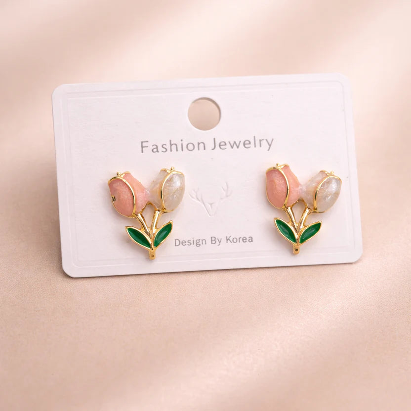 The Shringar Blush Tulip Earrings | Korean Style | Floral Pearl Design | Lightweight | Elegant 🌷✨