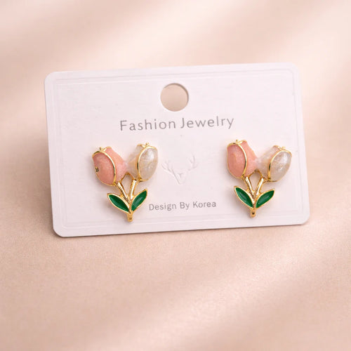 The Shringar Blush Tulip Earrings | Korean Style | Floral Pearl Design | Lightweight | Elegant 🌷✨