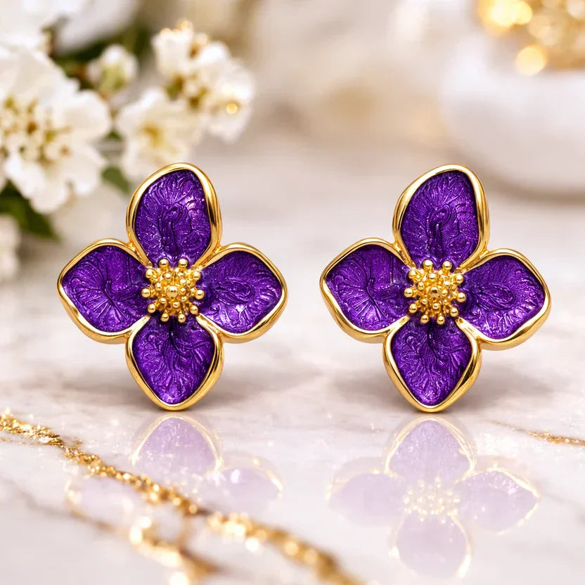 Designer Korean Style Floral Stud Earrings Purple