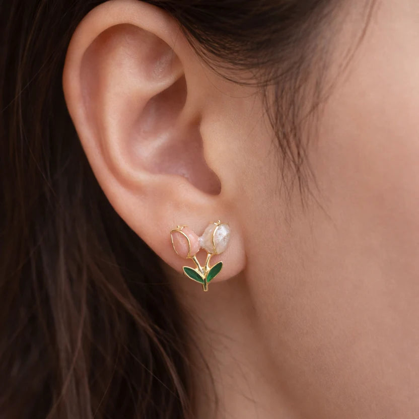 The Shringar Blush Tulip Earrings | Korean Style | Floral Pearl Design | Lightweight | Elegant 🌷✨